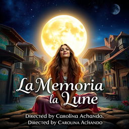 Title card for a film titled 'La Memoria de la Luna', showcasing a beautiful, vibrant hippie woman with long flowing hair, sitting peacefully under a large, luminescent moon