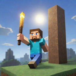 Elevate the dramatic tension in the Minecraft scene with the arrival of a savior - Steve. Illustrate him standing tall, ready for battle against the onslaught of pillagers, sparking a beacon of hope amongst the chaos.