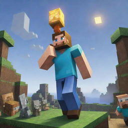 Elevate the dramatic tension in the Minecraft scene with the arrival of a savior - Steve. Illustrate him standing tall, ready for battle against the onslaught of pillagers, sparking a beacon of hope amongst the chaos.