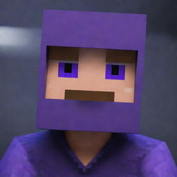 Alter the image of Steve in the Minecraft scene. His eyes now glow a menacing and mysterious purple, elevating the drama and intensity.