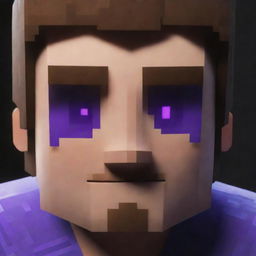 Alter the image of Steve in the Minecraft scene. His eyes now glow a menacing and mysterious purple, elevating the drama and intensity.