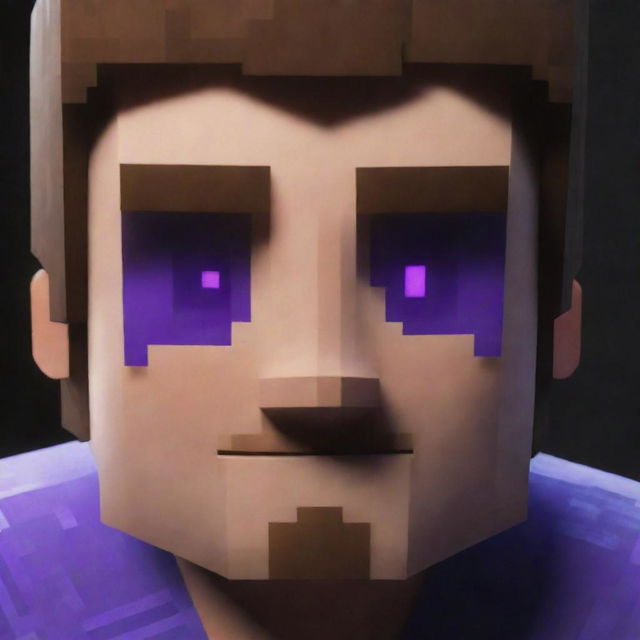 Alter the image of Steve in the Minecraft scene. His eyes now glow a menacing and mysterious purple, elevating the drama and intensity.