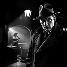 A 1940s retro black and white crime thriller scene set in London, featuring a sharp, trenchcoat-clad detective wearing a fedora, exuding a sense of mystery and intrigue