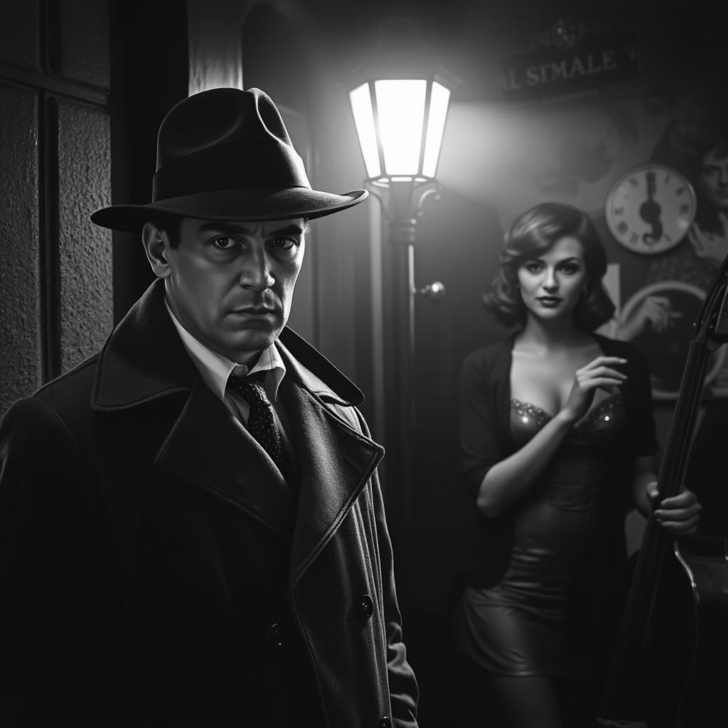 A 1940s retro black and white crime thriller scene set in London, featuring a sharp, trenchcoat-clad detective wearing a fedora, exuding a sense of mystery and intrigue