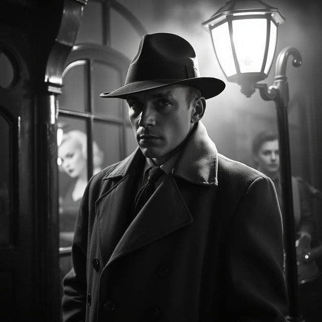 A 1940s retro black and white crime thriller scene set in London, featuring a sharp, trenchcoat-clad detective wearing a fedora, exuding a sense of mystery and intrigue