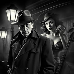 A 1940s retro black and white crime thriller scene set in London, featuring a sharp, trenchcoat-clad detective wearing a fedora, exuding a sense of mystery and intrigue