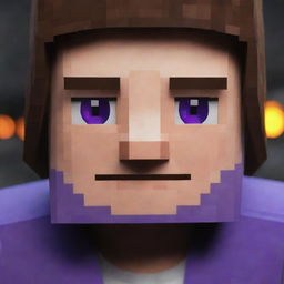 Alter the image of Steve in the Minecraft scene. His eyes now glow a menacing and mysterious purple, elevating the drama and intensity.