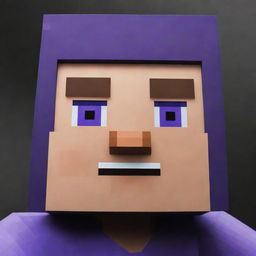 Alter the image of Steve in the Minecraft scene. His eyes now glow a menacing and mysterious purple, elevating the drama and intensity.