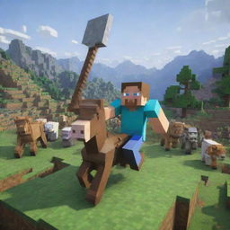 Transform the Minecraft scene to show Steve in action as he valiantly charges, sweeping away the mounted pillager forces with immense strength and determination.