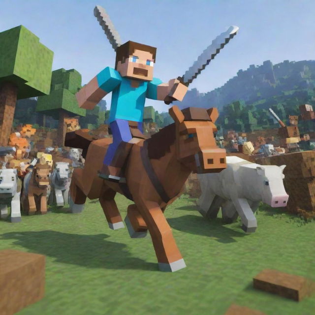 Transform the Minecraft scene to show Steve in action as he valiantly charges, sweeping away the mounted pillager forces with immense strength and determination.