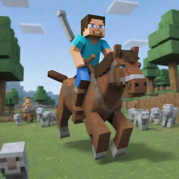 Transform the Minecraft scene to show Steve in action as he valiantly charges, sweeping away the mounted pillager forces with immense strength and determination.