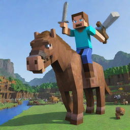 Transform the Minecraft scene to show Steve in action as he valiantly charges, sweeping away the mounted pillager forces with immense strength and determination.