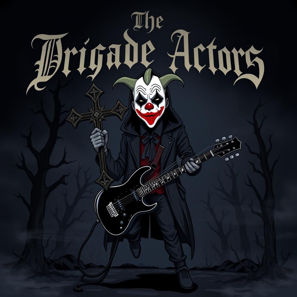 A cartoon style album cover for a black metal band featuring a mysterious man wearing a clown mask, holding a large cross and an electric guitar