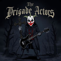 A cartoon style album cover for a black metal band featuring a mysterious man wearing a clown mask, holding a large cross and an electric guitar