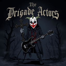 A cartoon style album cover for a black metal band featuring a mysterious man wearing a clown mask, holding a large cross and an electric guitar