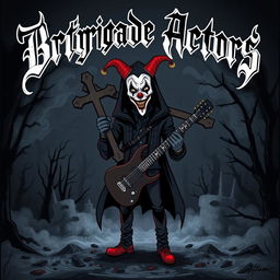 A cartoon style album cover for a black metal band featuring a mysterious man wearing a clown mask, holding a large cross and an electric guitar