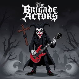 A cartoon style album cover for a black metal band featuring a mysterious man wearing a clown mask, holding a large cross and an electric guitar