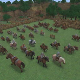 Re-visualize the Minecraft scene: the mounted pillager forces are shown in retreat, fleeing in disarray and fright due to Steve's bold counterattack.