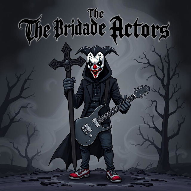 A cartoon style album cover for a black metal band featuring a mysterious man wearing a clown mask, holding a large cross and an electric guitar