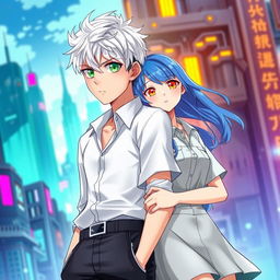 A book cover for a futuristic slice of life romance novel featuring a young male with short white hair and striking green eyes
