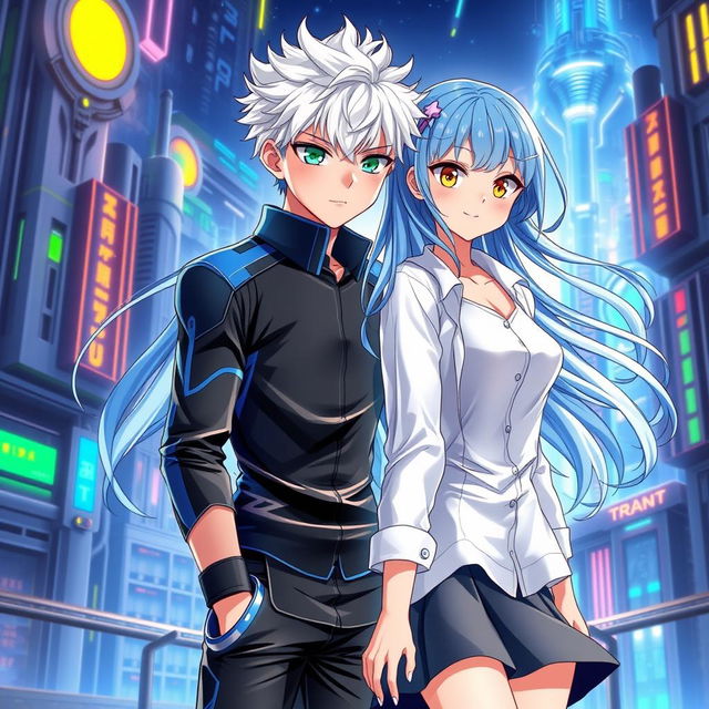 A book cover for a futuristic slice of life romance novel featuring a young male with short white hair and striking green eyes