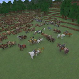 Re-visualize the Minecraft scene: the mounted pillager forces are shown in retreat, fleeing in disarray and fright due to Steve's bold counterattack.