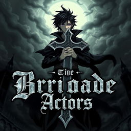 An anime style album cover for a black metal band featuring a mysterious character standing confidently, holding a large cross