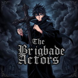 An anime style album cover for a black metal band featuring a mysterious character standing confidently, holding a large cross