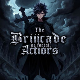 An anime style album cover for a black metal band featuring a mysterious character standing confidently, holding a large cross