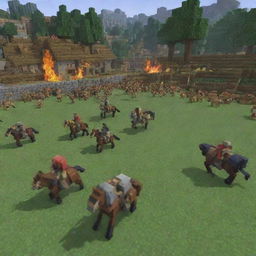 Re-visualize the Minecraft scene: the mounted pillager forces are shown in retreat, fleeing in disarray and fright due to Steve's bold counterattack.