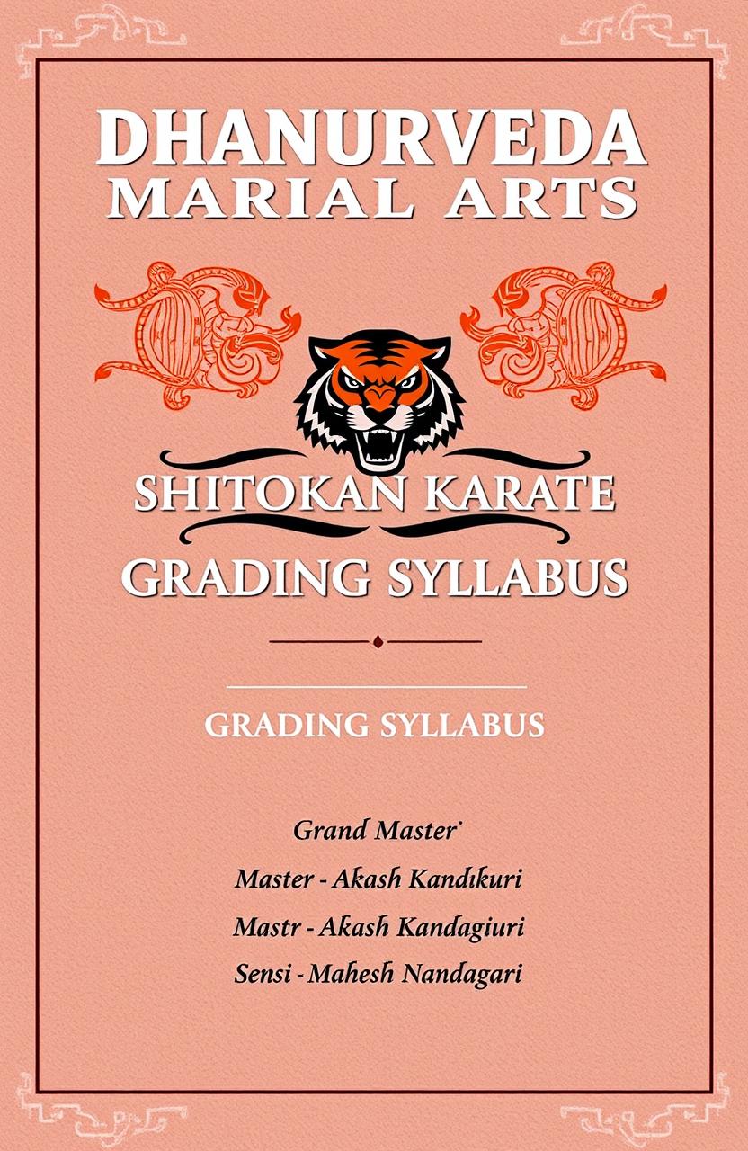 A visually striking layout design for a martial arts syllabus, featuring 'DHANURVEDA MARTIAL ARTS' in large, bold letters at the top