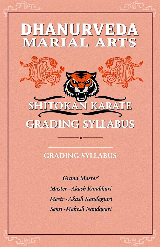 A visually striking layout design for a martial arts syllabus, featuring 'DHANURVEDA MARTIAL ARTS' in large, bold letters at the top