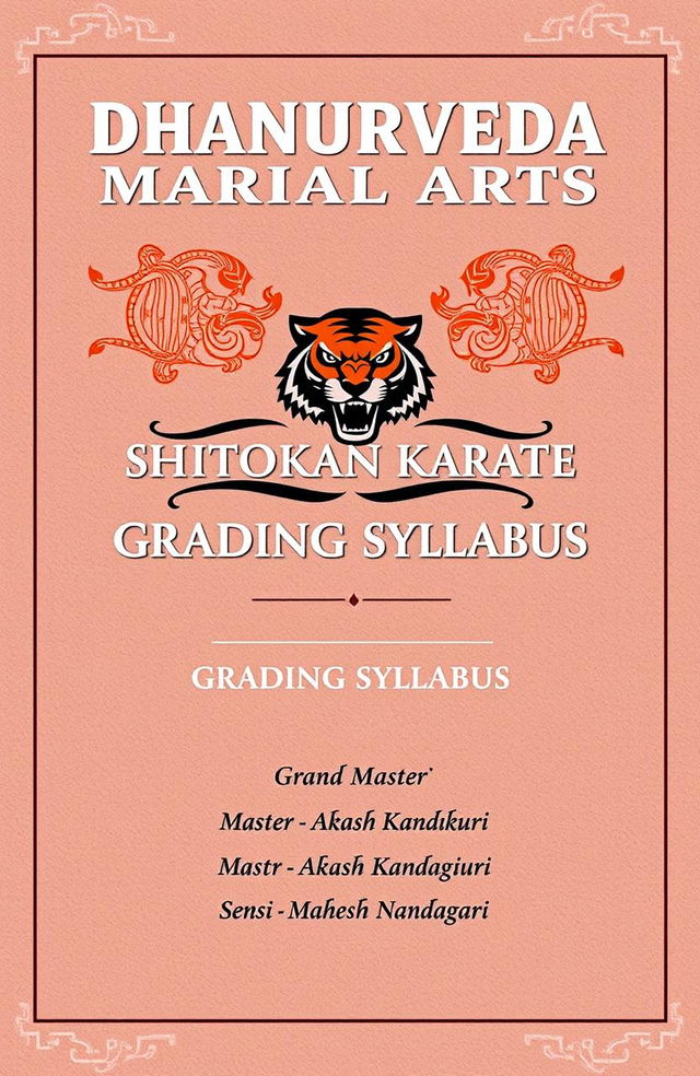 A visually striking layout design for a martial arts syllabus, featuring 'DHANURVEDA MARTIAL ARTS' in large, bold letters at the top