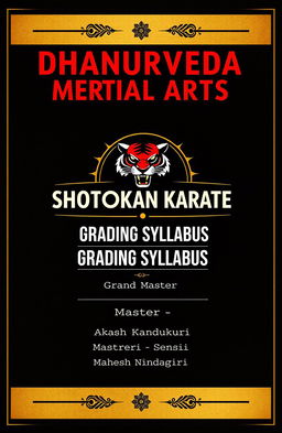 A visually striking layout design for a martial arts syllabus, featuring 'DHANURVEDA MARTIAL ARTS' in large, bold letters at the top