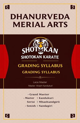 A visually striking layout design for a martial arts syllabus, featuring 'DHANURVEDA MARTIAL ARTS' in large, bold letters at the top