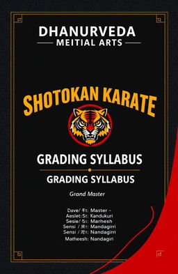 A visually striking layout design for a martial arts syllabus, featuring 'DHANURVEDA MARTIAL ARTS' in large, bold letters at the top