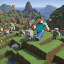 Revise the Minecraft scene to show the villagers, once terror struck, now filled with awe and admiration for Steve, their savior, who stands victorious amongst them.