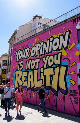 A vibrant street art mural showcasing the phrase "Your opinion is not my reality" in bold, colorful graffiti style, surrounded by abstract shapes and patterns