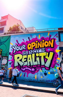 A vibrant street art mural showcasing the phrase "Your opinion is not my reality" in bold, colorful graffiti style, surrounded by abstract shapes and patterns