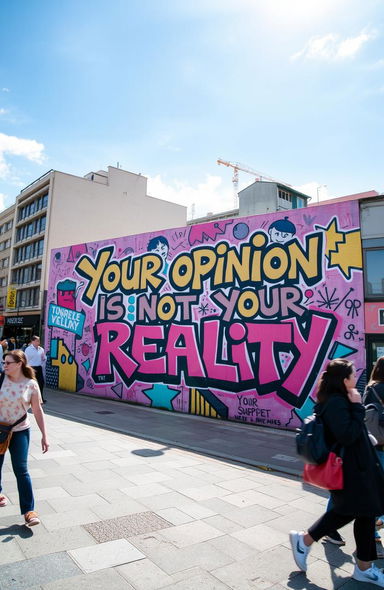 A vibrant street art mural showcasing the phrase "Your opinion is not my reality" in bold, colorful graffiti style, surrounded by abstract shapes and patterns