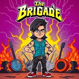 A vibrant cartoon style album cover for a metal band featuring a charismatic man standing confidently with a cross around his neck