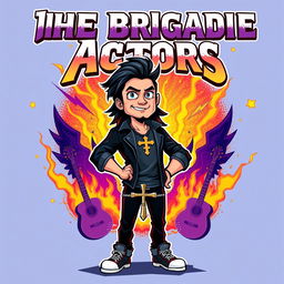 A vibrant cartoon style album cover for a metal band featuring a charismatic man standing confidently with a cross around his neck