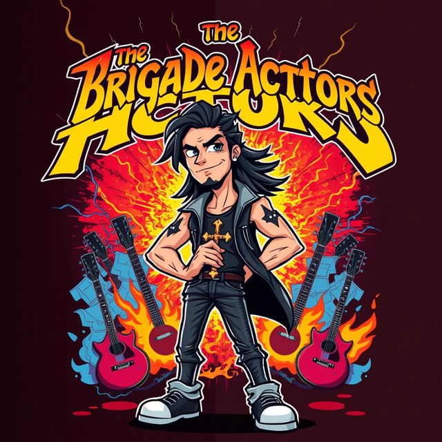 A vibrant cartoon style album cover for a metal band featuring a charismatic man standing confidently with a cross around his neck