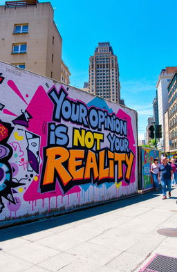 A vibrant street art mural showcasing the phrase "Your opinion is not my reality" in bold, colorful graffiti style, surrounded by abstract shapes and patterns