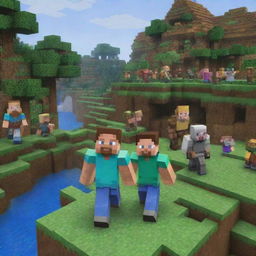 Revise the Minecraft scene to show the villagers, once terror struck, now filled with awe and admiration for Steve, their savior, who stands victorious amongst them.