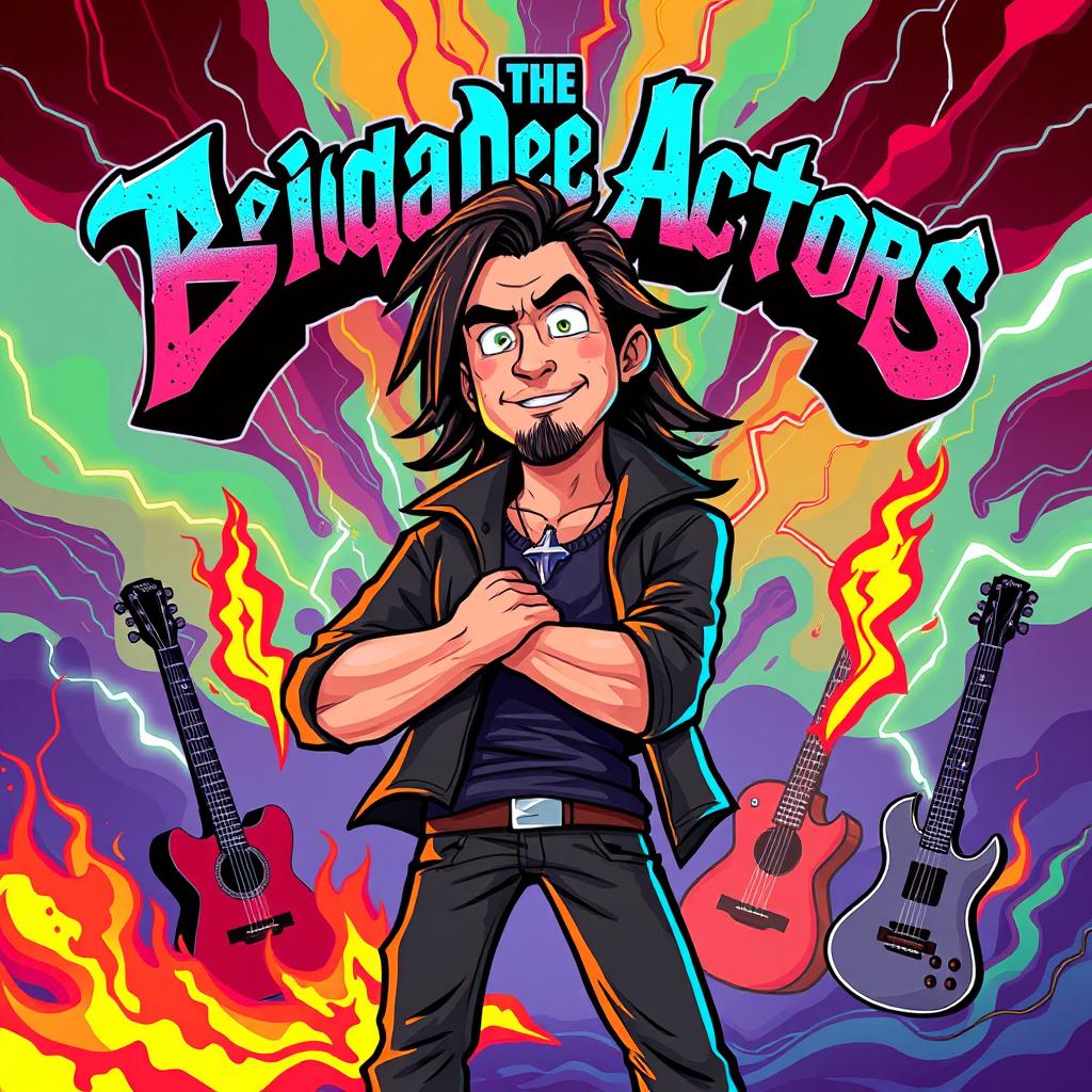 A vibrant cartoon style album cover for a metal band featuring a charismatic man standing confidently with a cross around his neck