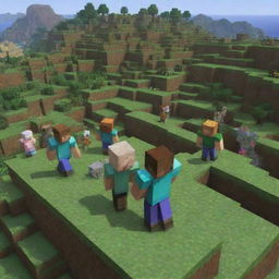 Revise the Minecraft scene to show the villagers, once terror struck, now filled with awe and admiration for Steve, their savior, who stands victorious amongst them.