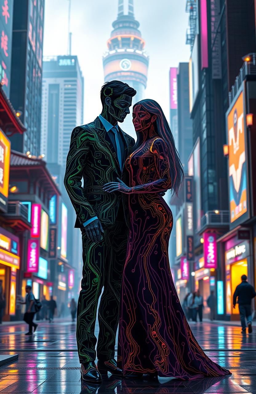 A futuristic couple made entirely of vibrant, flowing AI-generated patterns and textures, standing together in a dynamic cityscape filled with glowing neon lights and holograms