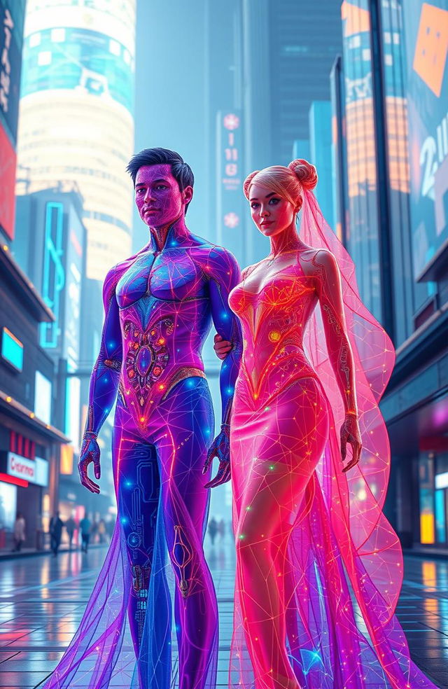 A futuristic couple made entirely of vibrant, flowing AI-generated patterns and textures, standing together in a dynamic cityscape filled with glowing neon lights and holograms