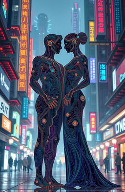 A futuristic couple made entirely of vibrant, flowing AI-generated patterns and textures, standing together in a dynamic cityscape filled with glowing neon lights and holograms